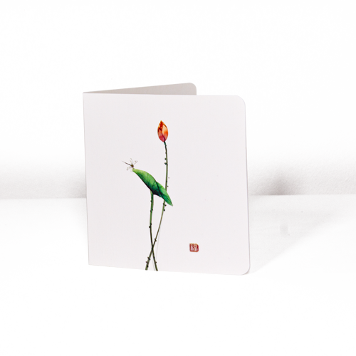 Greeting card from the Eastern Essence Collection: Blooming Lotus Letter, featuring an elegant watercolor design of a blooming lotus flower and a dragonfly perched on a stem, symbolizing nature and tranquility. Ideal for special occasions or thoughtful messages.