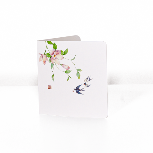 Greeting card from the Eastern Essence Collection: Songs of Spring Letter, featuring a graceful watercolor design of blooming pink flowers on a branch and two swallows in flight, symbolizing renewal and harmony. Perfect for sharing joy and meaningful sentiments.